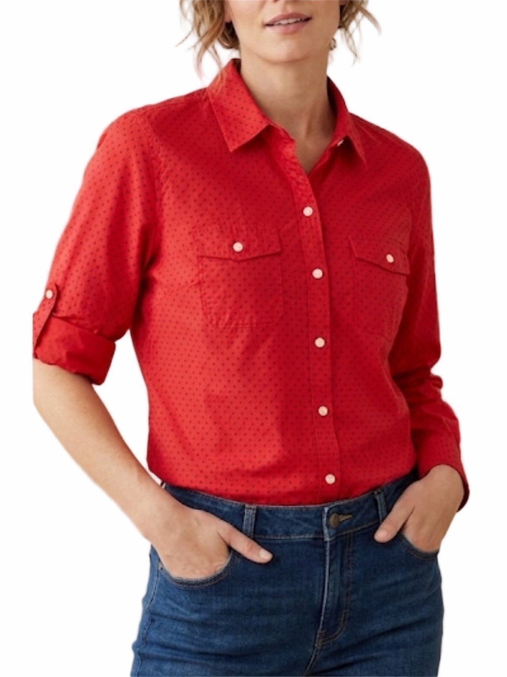 L.L. Bean Red Black Polka Dot Button Down Casual Roll Tab Shirt 1X